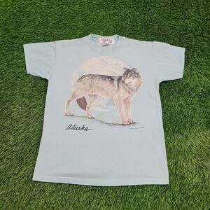 Vintage 1988 Habitat Softwear Alaska Wolf Shirt Medium 20x26 Light Blue USA